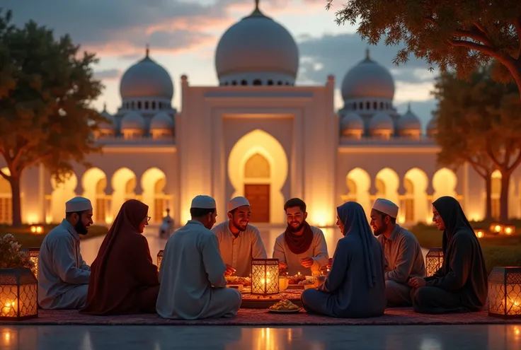 A heartwarming scene of a diverse group of Muslim men, women, and ren gathered in a peaceful courtyard outside a beautifully lit mosque. They are engaged in warm conversations, sharing food, and embracing a sense of unity and togetherness. The architecture...