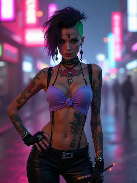 A cyberpunk-inspired woman with an edgy and futuristic aesthetic stands confidently in a neon-lit urban environment at night. She has an asymmetrical haircut with the left side shaved, revealing intricate cybernetic implants embedded into her skull. Her re...