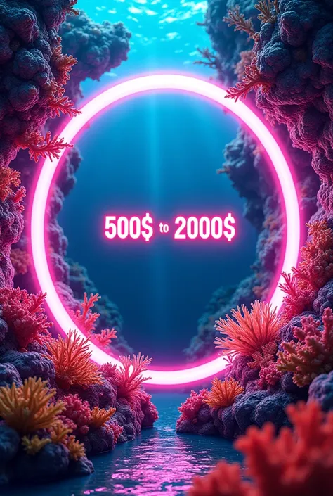 A circular neon portal surrounded by an overgrowth of colourful coral. Written 500$ to 2000$  inside the portal in neon colour 