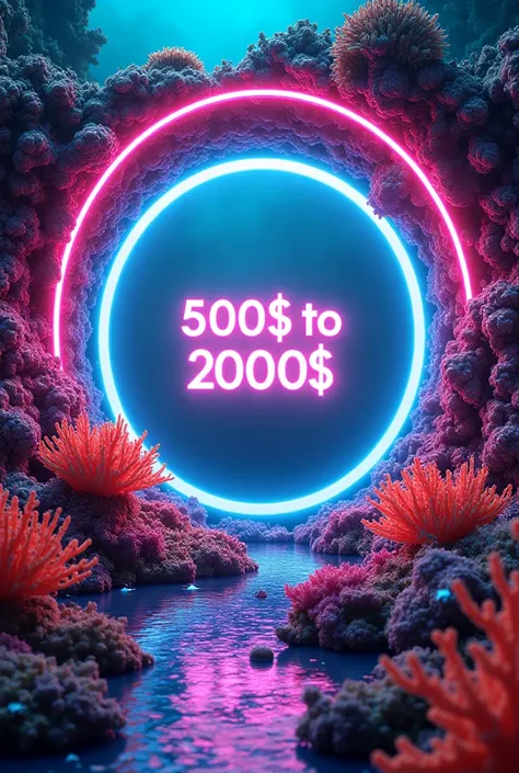 A circular neon portal surrounded by an overgrowth of colourful coral. Written 500$ to 2000$  inside the portal in neon colour 