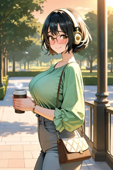   fair skin ,  black hair, Large pollina, messy tips , short hair, Pretty hair,  brown eyes, shy expression,  smile, large breasts,  brown eyes, square glasses, green blouse with ruffles on the sleeves, gray jeans , sunset. adult, A girl,  ultra quality, g...