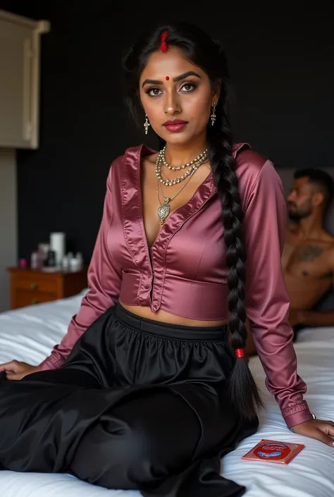 Hot indian milf  with 36-36-34 figure front view, curvy, sexy black big skirt with pink gray  satin fullsleeve  blouse,big red bindi on head got ready as hot traditional Hindu milf, in bedroom with black theme and white bedsjit, French braid hair with mang...