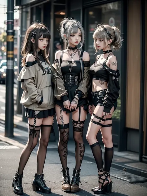 (Three Gals, 3 girls :1.5)、( full body view:1.1)、( show your teeth and laugh :1.3),(Shibuya Gal:1.5)、(Beautiful whore:1.5)、(Neo-Goth Fashion:1.5)、( Punk Rock Visual :1.5)、( Olive and Brown Off Shoulder Hoodie , Adorned with delicate silver jewelry.:1.5)、( ...