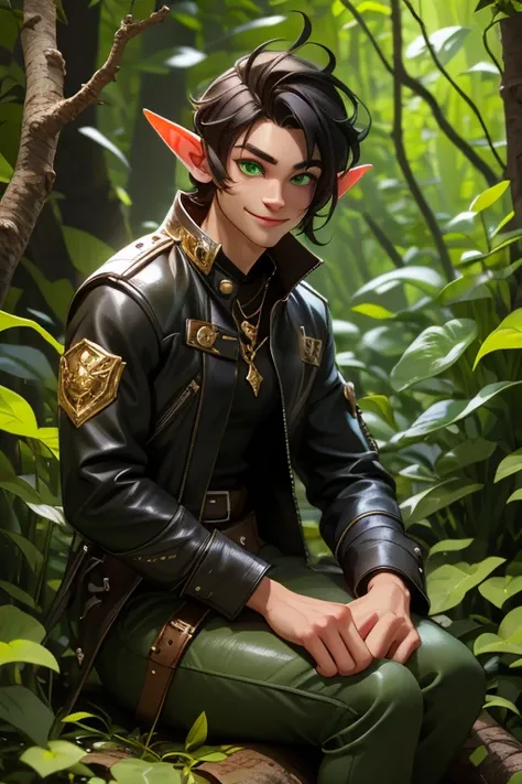 Perfect face. Perfect A black haired male elf with green eyes in black leather is smiling while sitting on a log in an enchanted forest