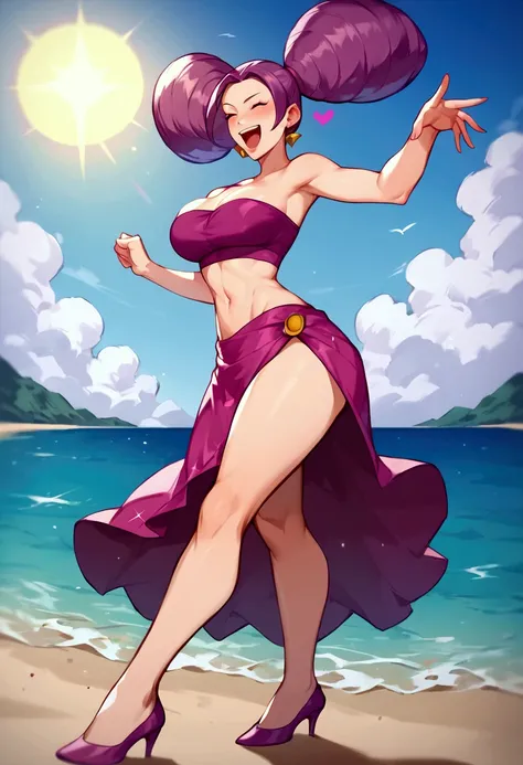 score_9, score_8_up, score_7_up, 1 girl , blush,solo,Fantina,Tall, long legs ,Purple Hair,( Hair in four ponytails,) white skin,purple bikini,paleo,beach,Big Breasts,high heels,thighs visible, dynamic pose,smirking ,laughing ,open mouth,whole body,