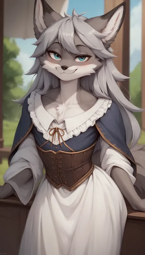     best quality  ,     very detailed illustration   ,( Anthropomorphic fluffy fox boy :1,7), (gray fur),  tousled fluffy hair  ,    cunning look,  a femboy ,  slim,     perfect body  , Cute,  smug , Medieval clothing, playful