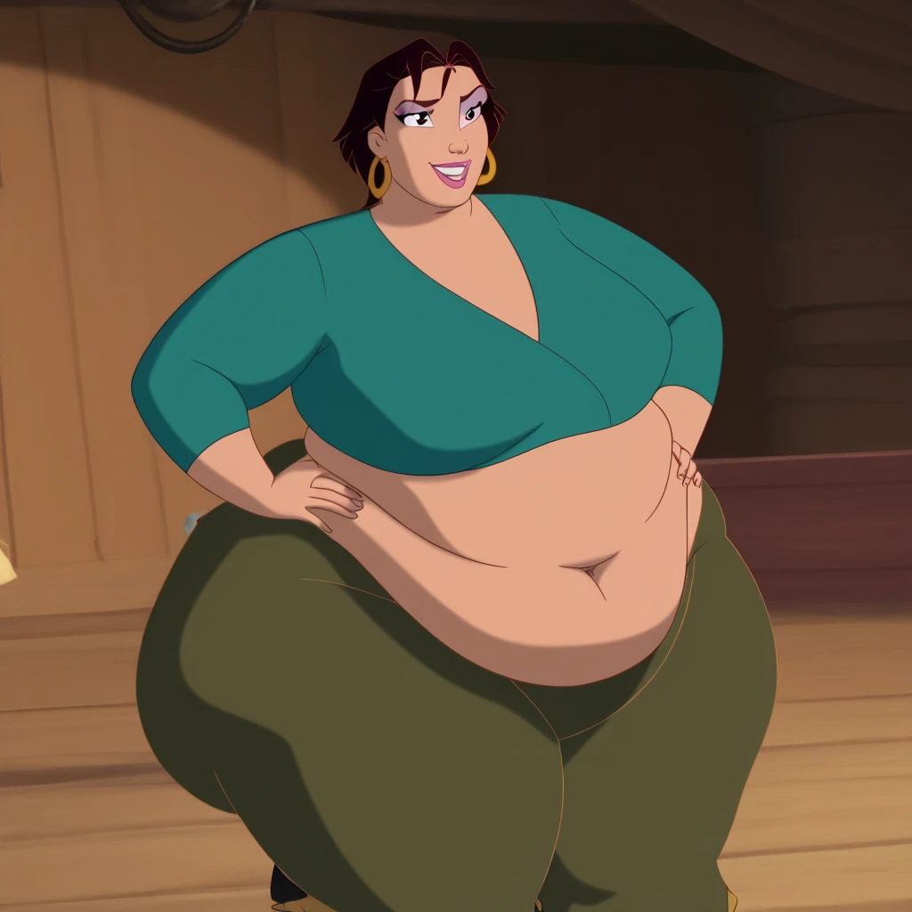  score_9, Alone , marina_sinbad,  brown hair,  short hair, make-up, hoop earrings, shirt, pantalones,  hands on hips ,  looking at the spectator,  ironic smile ,(big fat body),(clothes that fit your big, fat body size).