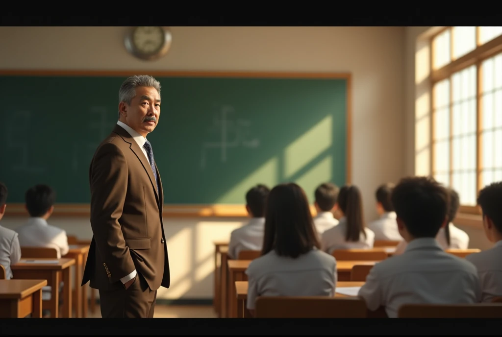  Hyper realistic photography. canon eos. General plan of a Japanese high school class with large windows on the side through which sunlight enters . The desks are arranged in rows . The students are seated with their backs to the camera . a professor (( lo...