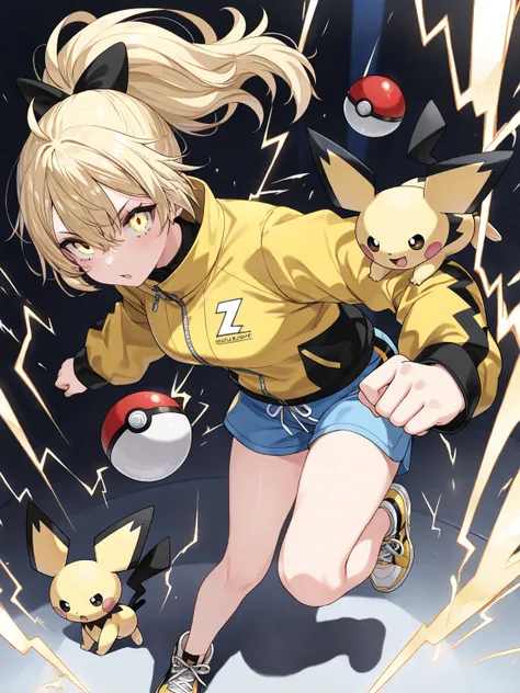 ((masterpiece, best quality, ultra-detailed character)), 1girl, A vibrant, energetic young female Pokémon trainer with bright yellow hair styled in a messy yet cute ponytail, resembling electric sparks. She wears a sleek, black and yellow jacket with light...