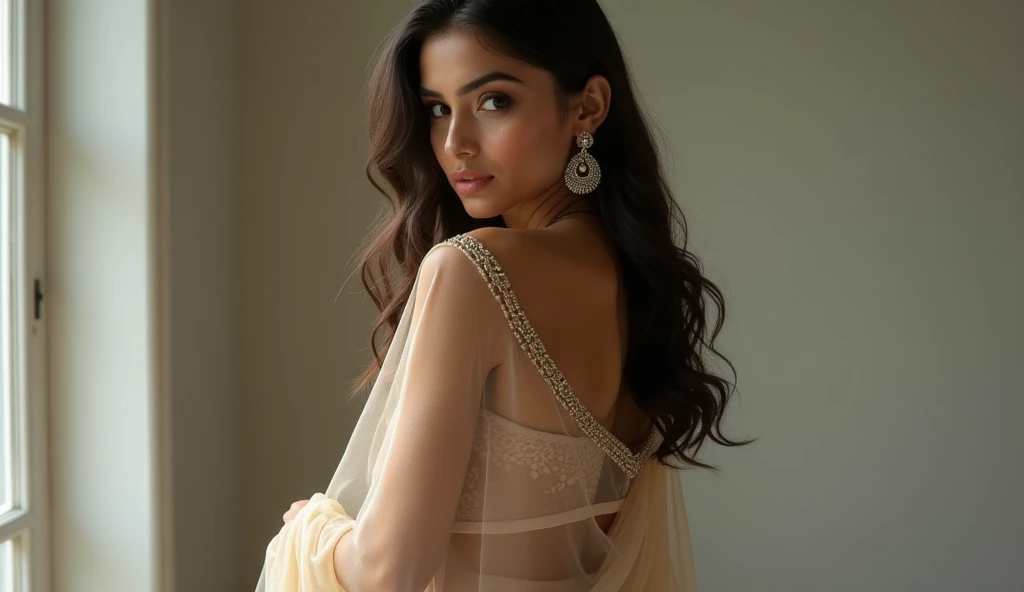 18 years old very hot Indian instgram influencer Kamasutra pose in transparent saree 8k hyperrealstic masterpiece 