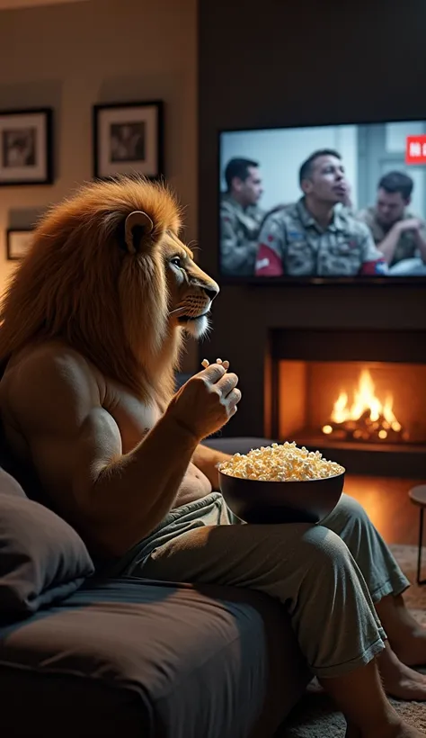 "A hyper-realistic muscular humanoid lion is sitting on a cozy couch in a modern living room, watching Netflix on a large TV screen in front of him. He is wearing comfortable loungewear or pajamas, holding a big bowl of popcorn on his lap while casually ea...