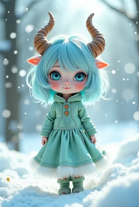 Make a little snow-blue-haired goddess with small brown horns with a light green jumpsuit and a light green skirt with a fluffy fuzzy blue eyes