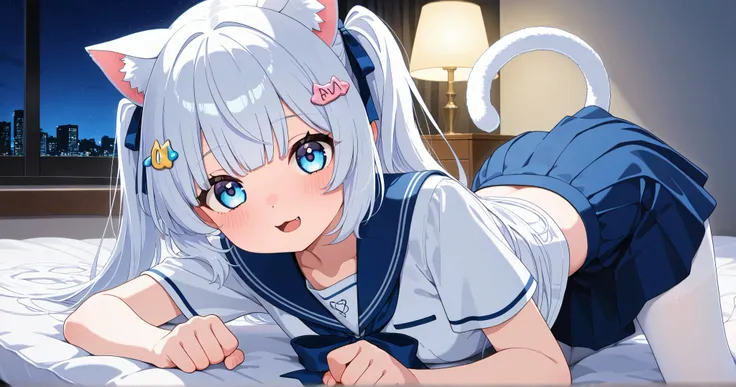 "VTuber girl white hair sky blue eyes cat in blue and white sailor school uniform, short skirt short white tights with ribbon embellishments,  cat's ears, Normal tail and expression kawaii .  Does a playful pose saying,  perfect anatomy, 'nya ~'.  Backgrou...