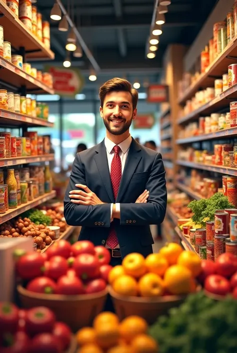 Salesman is offering food product goods in a shop