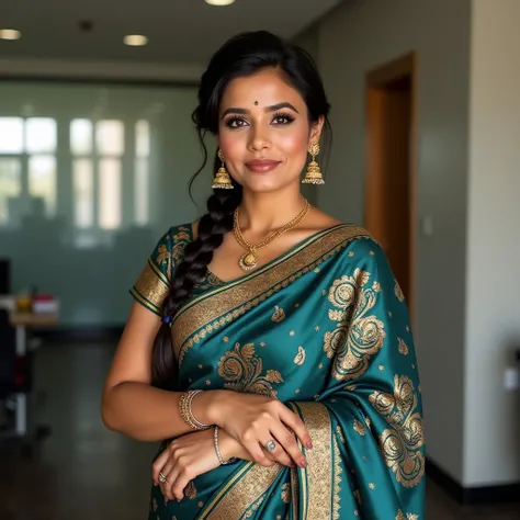 gorgeous ladies in 30s wearing silk saree, Aari Work camisole blouse, look ultra realistic human wearing bangle, gold Jhumka Earrings and necklace, long Hair Braid on right side, chubby arms and curvaceous body, office room, staright pose for camera, silve...