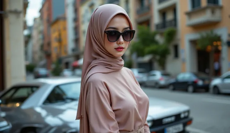 Suggestion: “Make a photo of Mrs. Hajah Niken, Japanese, big breasted, 49 years old, elegant, tight, wearing  hijab and sunglasses, standing in front of her car, full body shot. The image must be UHD resolution, realistic, with high detail. Colors should b...