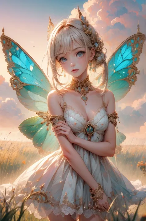 "((Innocent))  girl,  Golden Hour , Dreamy grassland, Mysterious, Fantastic,  Relaxed Dress , Gentle sunlight, enchanting,   butterfly wings, ( Pastel Clouds ), Liquid Reflection