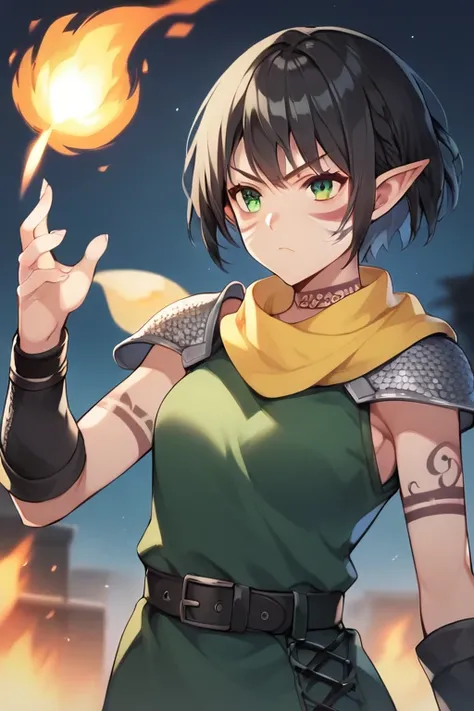  score_9,  score_8_ up the side,  score_7_ up the side,  1 girl, Alone,   Sulphur's M3rr1ll ,  pointy ears,  Face Tattoos , Facial markings,  short hair,   black hair,  Green Eyes,
 Chainmail Sleeves , green tunic ,  yellow scarf ,  Fur-Trimmed Shoulder Pa...