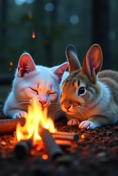    A white cat and a brown rabbit are lying down with their eyes closed. A light wood fire is burning in front of them. A small wood fire is burning behind them. Night in the forest in the background.  full HD 4K quality photo export generator, really type...