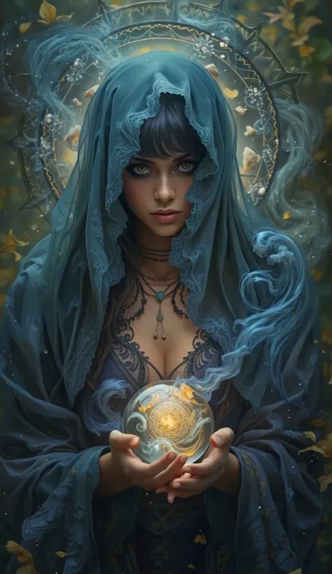 A beautiful fortune teller woman shrouded in a mysterious veil、 crystal ball、 fantastic background around the face