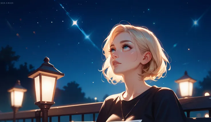 A person sitting alone on a bench in the square at night,  looking up at the starry sky . The face conveys sadness and reflection ,  with a light breeze moving your hair . The environment is calm, but melancholic,  with soft lights illuminating the scene ....