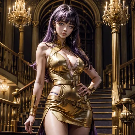 yangxiaolong, yang xiao long, smiling, long hair, blonde hair, (purple eyes:1.3), ahoge, bangs, BREAK cleavage, wearing a white mini dress with gold trim, belt, mechanical arms, single mechanical arm, prosthesis, prosthetic arm, BREAK indoors, standing nex...