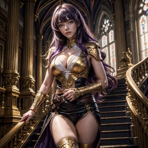 yangxiaolong, yang xiao long, smiling, long hair, blonde hair, (purple eyes:1.3), ahoge, bangs, BREAK cleavage, wearing a white mini dress with gold trim, belt, mechanical arms, single mechanical arm, prosthesis, prosthetic arm, BREAK indoors, standing nex...