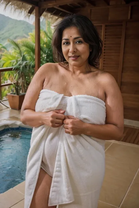 8k, masterpiece、hot spring、Mature indian thick woman wrapped in a towel, open towel, exposing saggy breasts, wrinkle face, 55 years old、sexy pose, Background of open-air bath, high resolution images, rich colors, surreal lifelike texture, soft lighting, ho...