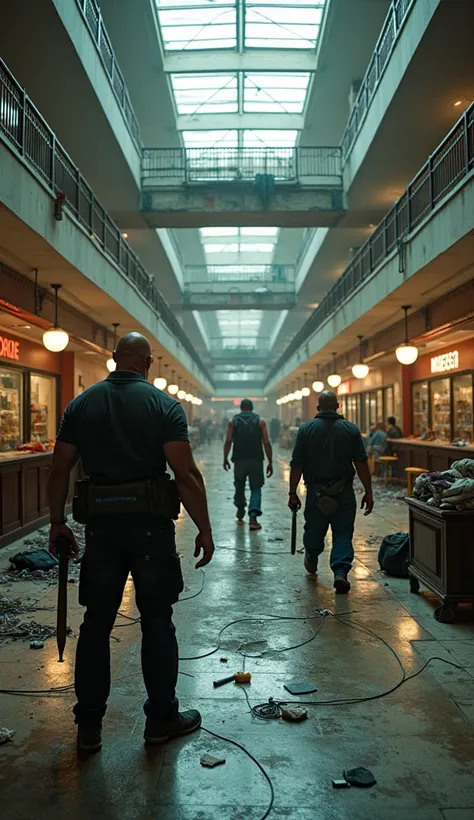 " The interior of an abandoned shopping mall ,  transformed into a makeshift stronghold against zombies .  Barricades made from shopping carts ,  broken furniture and electrical wires create improvised defenses .  Dwayne 'Johnson is setting up an explosive...