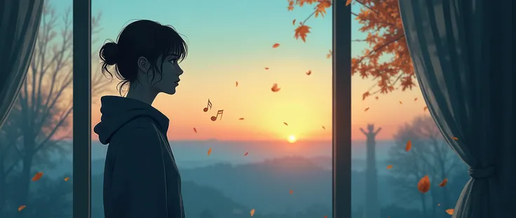 "A lonely person stands by the window, gazing at the horizon with a melancholic expression. The scene is bathed in soft blue and warm sunset hues, symbolizing longing and fading love. A faint silhouette of a loved one appears in the wind, representing dist...