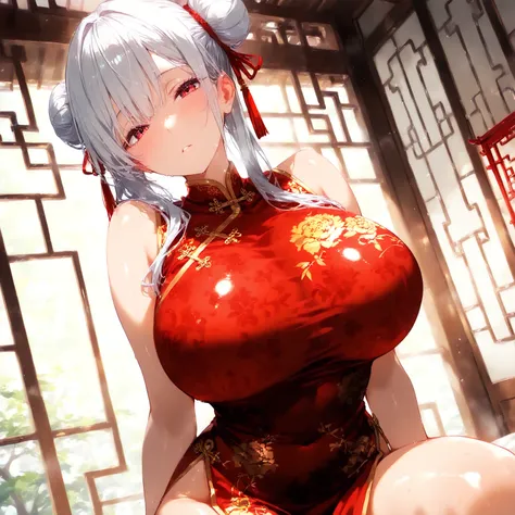 masterpiece, (((( best quality )))),1 girl, Japanese Anime ,,shiny skin, red china dress, silver hair,Half twin hair ,big breasts