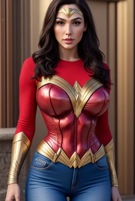 Hyperrealistic image,  masterpiece striped sweater,  jet black hair . Les seins sont relevés par un soutien-gorge push-up.  Create an image of Franceska James , The porn star , vêtue d'un costume Wonder Woman en spandex brillant.  The costume seems stuck t...