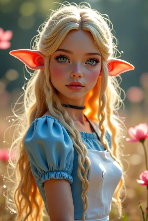 (  Masterpiece), 8k,   top quality,   Panoramic View ,   full body view,  Alice in Wonderland ,  Delicate and young々She had a feisty aura  , ** Height cm.  Her skin was as white as snow ,   on the other hand、 Her blond hair shines like a string of gold in ...