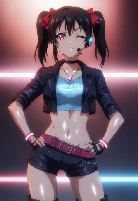 TRexStudio,source_anime, anime screencap,Shiny skin,dynamic lighting, detailed shading,moist skin, HENTAI , yazawa nico, black hair ,twintails,red eyes, looking at viewer,hair ribbons,sexy wink, cowboy shot,front view, thighs , happy,Neon blue crop top wit...