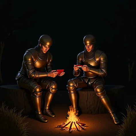 two knights wearing armor and closed helmet, sitting together in a camp fire, night time, playing with handheld game console, oil painting of renaissance style, old style