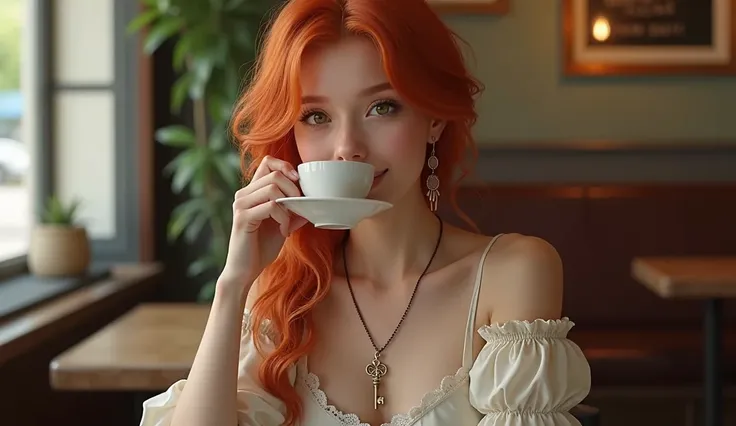  girl with red hair ,  pretty face,  eyes of European appearance , there is a pendant on the neck in the form of an antique key , in a long white dress  , sits at a table in a cafe ,  drinks coffee  ,  realistically  ,  high detail ,  high resolution