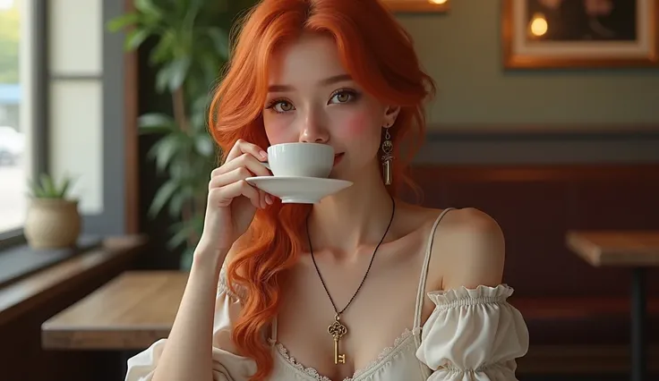  girl with red hair ,  pretty face,  eyes of European appearance , there is a pendant on the neck in the form of an antique key , in a long white dress  , sits at a table in a cafe ,  drinks coffee  ,  realistically  ,  high detail ,  high resolution