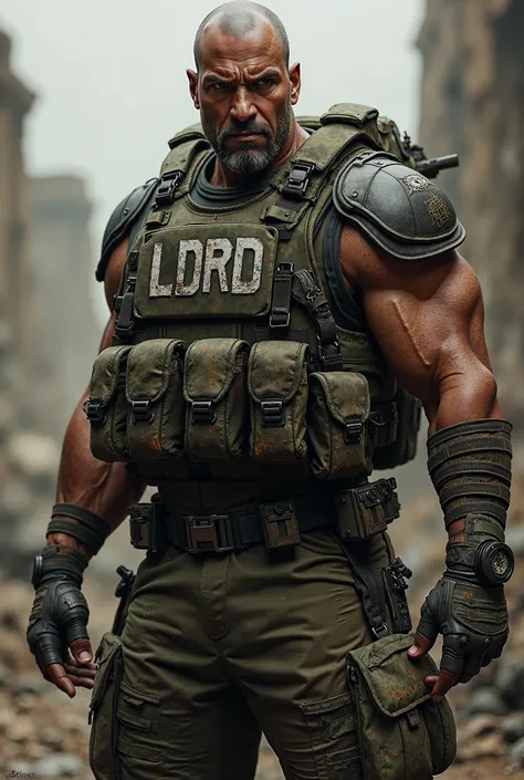 Create a very strong soldier who has the word LDRD somewhere on his uniform