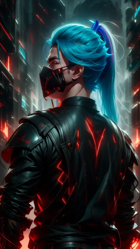 Create a boy with futuristic armor without a helmet, with a mask IN HIS MOUTH the boy has a snipper and long white hair with cyan blue highlights combed in a ponytail, set in a cyberpunk era posing heroically seen from a back angle ANIME STYLE 