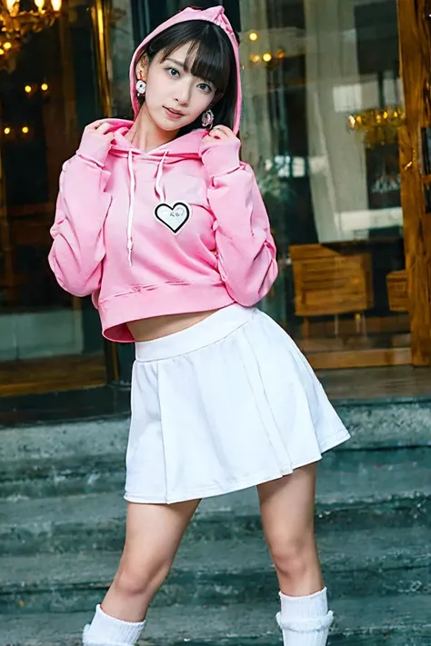 nine-headed body，A cute 25 year old woman，Hashimoto Na々not yet， big breasts,  blonde， side ponytails，whole body， high resolution,  top quality,  detail, bad，Background white，fresh pink hoodie with hood， breast too big， chest compression and tightness，first...