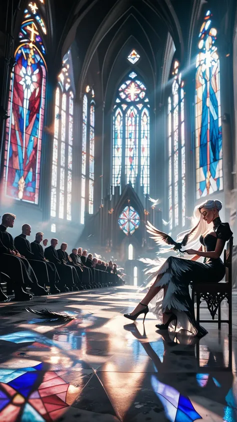 An old, rough church ,Black angelic feathers on the back sitting on a pulpit in front of beautiful broken, colorful stained glass,1  with white hair in a dingy dress,Apocalypse,  black feathers are scattered on the floor ,It's like night outside ,Dark Chur...