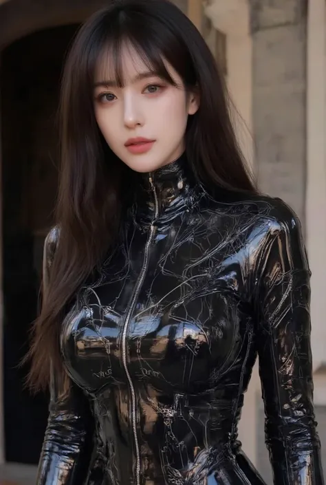   She must wear a great suit made of very shiny black carbon latex . , 그녀의 곡선을 강조하는 정교한 Electronic  패턴이 돋보이는 .  수트는 다양한 색상의 네온 불빛으로 장식되고 Electronic  회로 디테일로 향상되어야 합니다..   overall design, which features a sophisticated electronic pattern that emphasizes her...