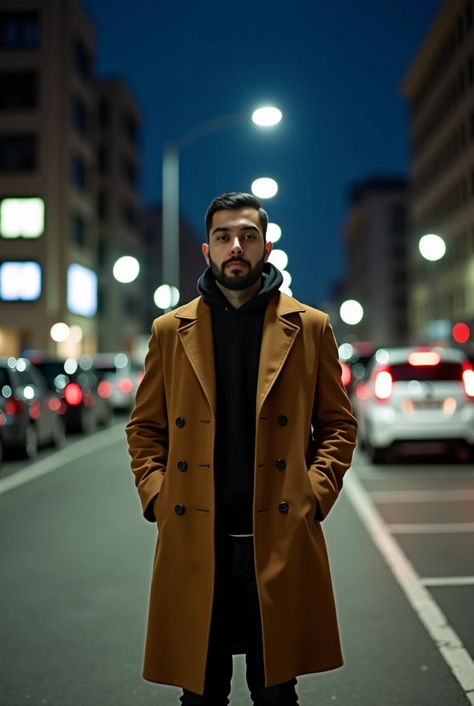 arafed man in a brown coat standing in a parking lot, very very low quality picture, amr elshamy, enes dirig, at nighttime, ahmad merheb, emad mostaque, standing in a city center, photo taken at night, photo taken in 2 0 2 0, taken in the early 2020s, at n...