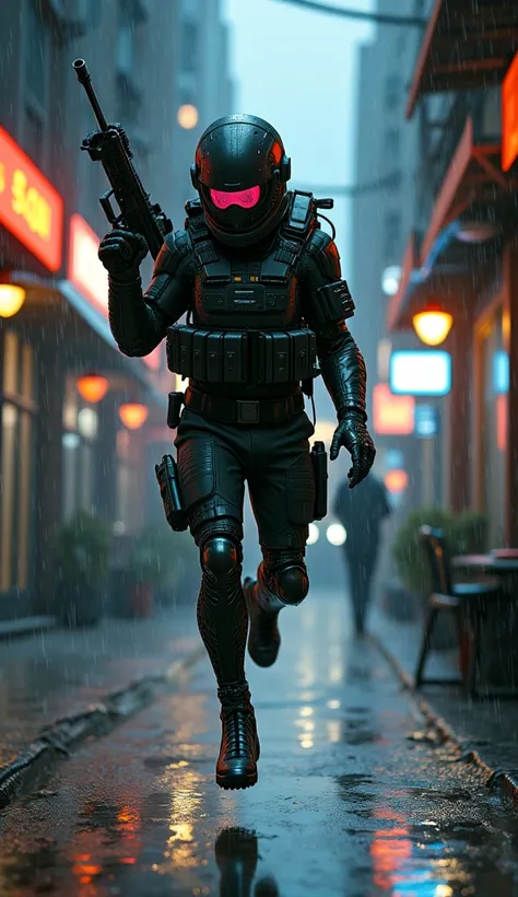  a person with chrome-plated feet like a bird and a chrome-plated tail skeletal , His completely human face has military glasses with a glowing display ,  in his chromed arms he has submachine guns with modern accessories .  he wears military armoured shor...