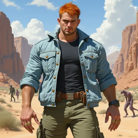 Muscular man, defined body, gold rings on all fingers, light blue colored gangster jacket, black shirt underneath jacket, long army pants of green color, military boots of brown color, evil smile, spiky orange hair, messy hair, short hair, yellow colored e...