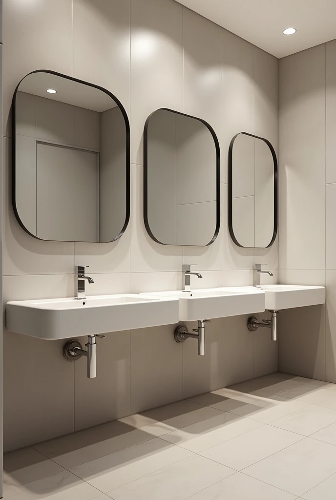 Create an image of the mirrors in a public toilet. The mirror must be attached to the same wall where the sinks are and that the bathrooms are reflected in the mirrors. What you should see in detail are the mirrors that will be in front. 