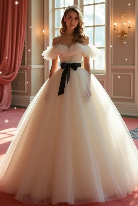 stunning white ball gown with a voluminous tulle skirt, exuding a dreamy and elegant aura. The gown features a delicate off-shoulder bodice with fluffy tulle ruffles, adding a soft and ethereal effect. A black ribbon belt cinches the waist, creating a stri...