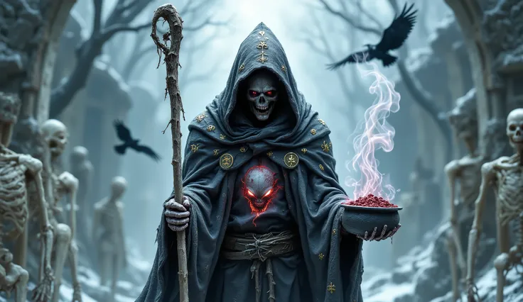 "Skeletal necromancer priest with glowing red eyes, wearing a torn robe covered in death symbols. He holds a bone staff with a skull on top and a bowl of smoking blood. He stands on a snowy graveyard, with skeletons rising from the ground and crows circlin...