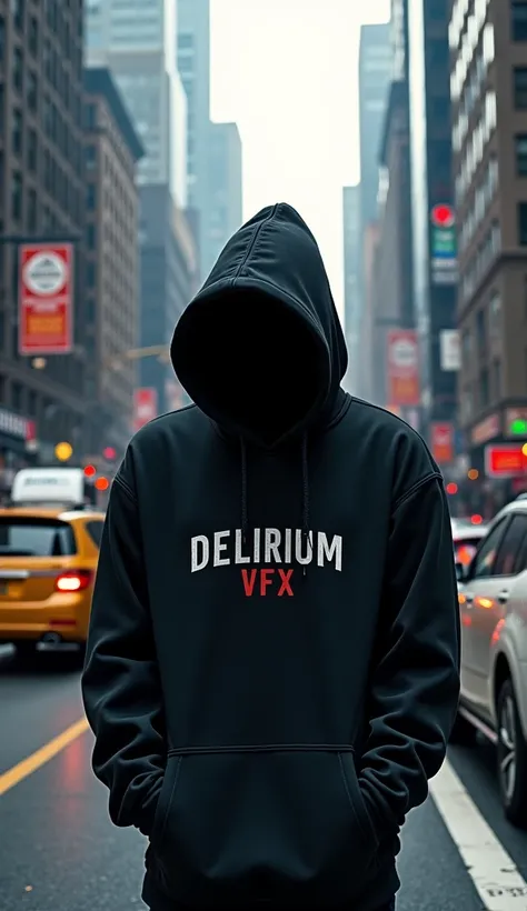 The image shows a hyper-realistic illustration in ink and oil of a man in a black hoodie with the words: "DELIRIUM VFX", faceless, hidden, clandestine in the center of New York. Poetic image, super resolution, super quality, volumetric lights.
