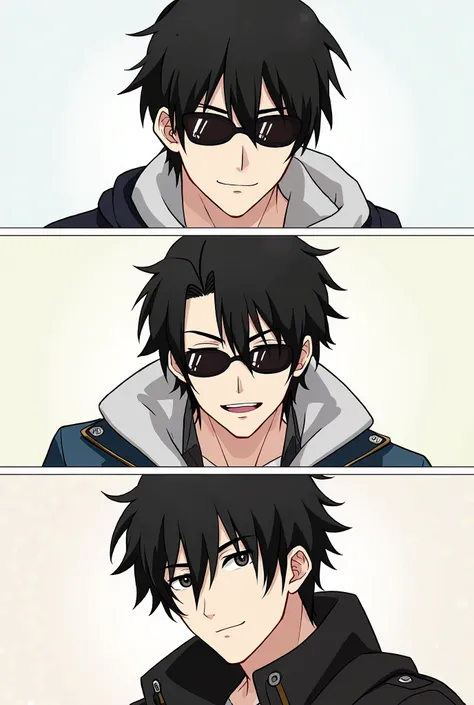 1. Cool anime boy with black hair and sunglasses, exuding a stylish and confident vibe. 

2. Stylish anime boy with black hair and sunglasses, showcasing a cool and confident demeanor.

3. Trendy anime boy with black hair and sunglasses, radiating a cool a...